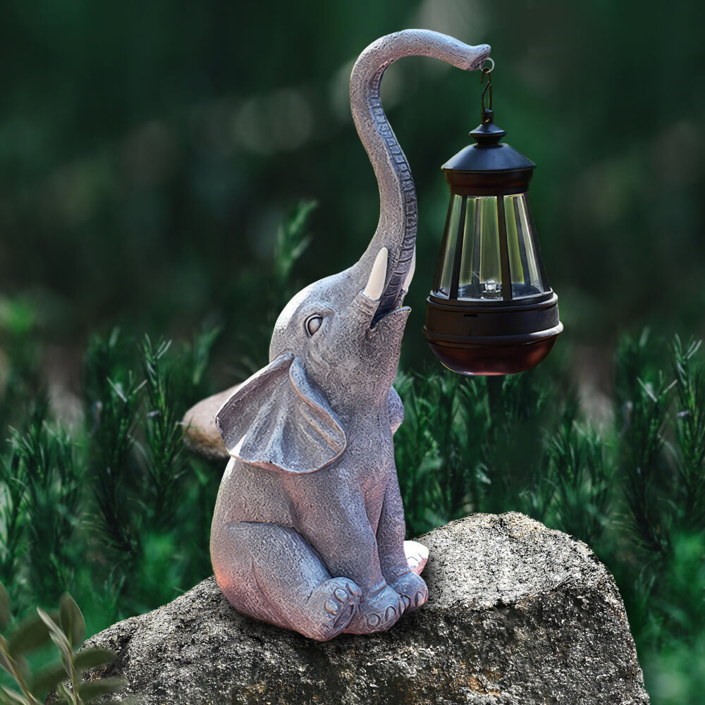Elephant Statue with Solar-Powered Lantern for Garden Decoration