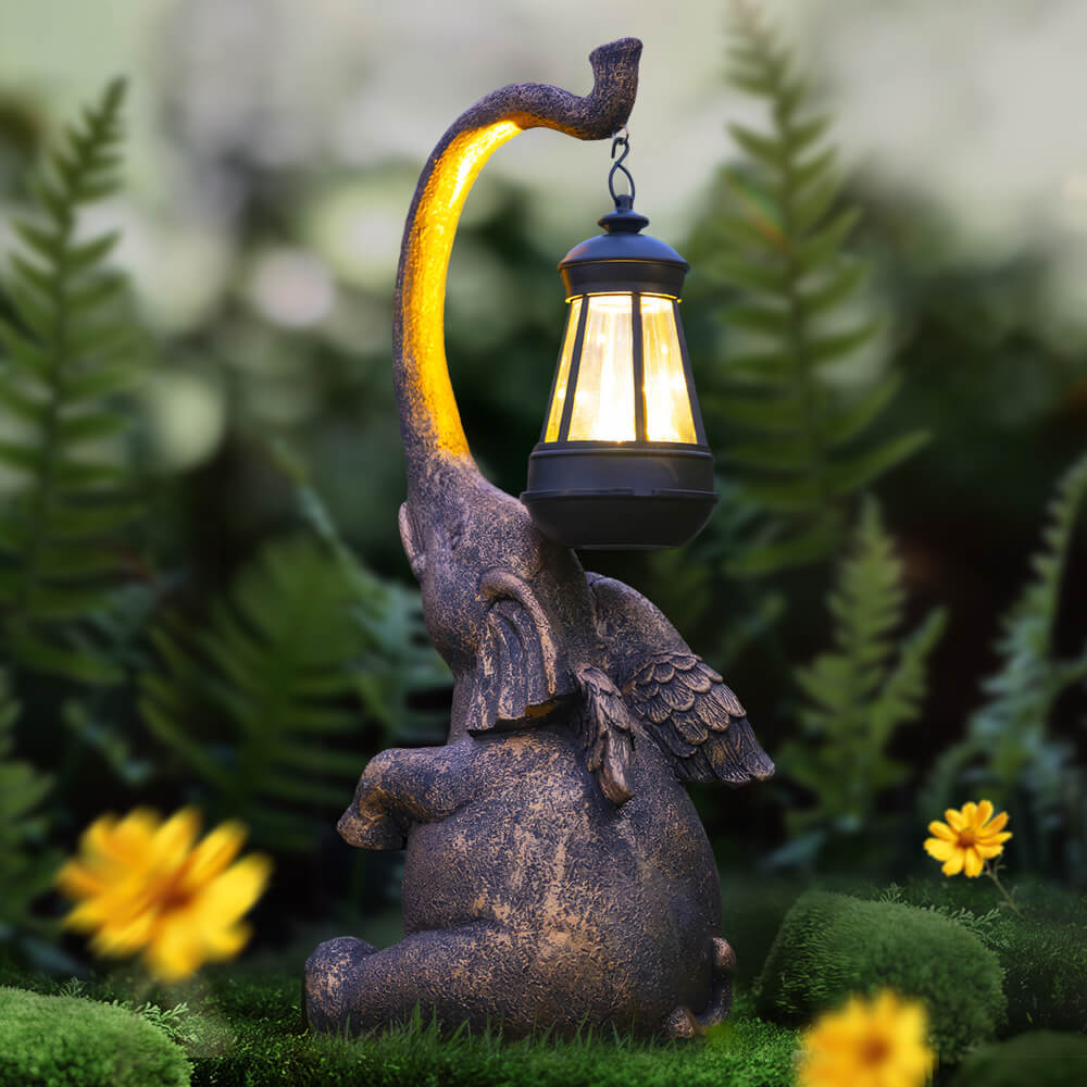 Elephant Statue with Solar-Powered Lantern for Garden Decoration