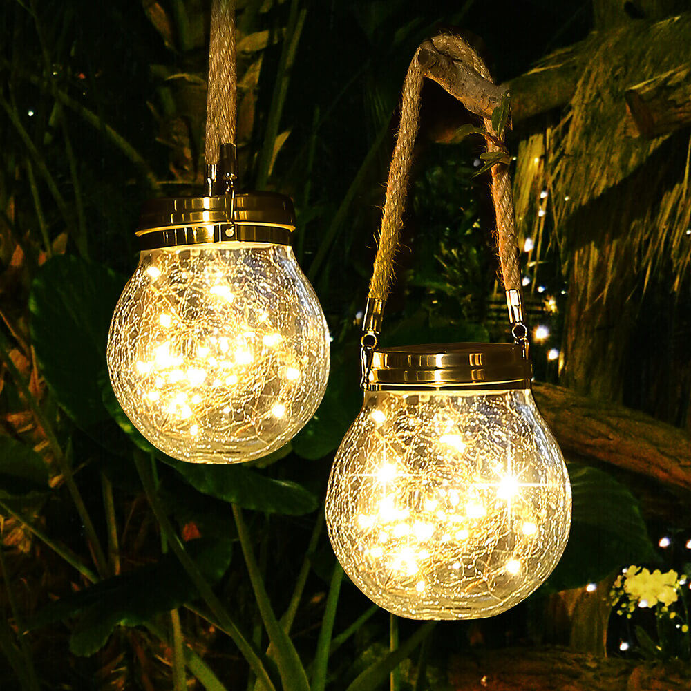 Solar-Powered Hanging Crackled Glass Lantern with 30 LEDs