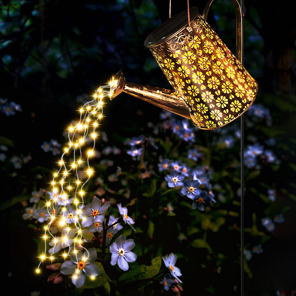 Solar-Powered Watering Can with LED Lights and Shepherd Hook