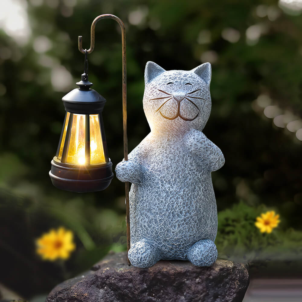 Cat Statue with Solar Lantern for Garden Decoration