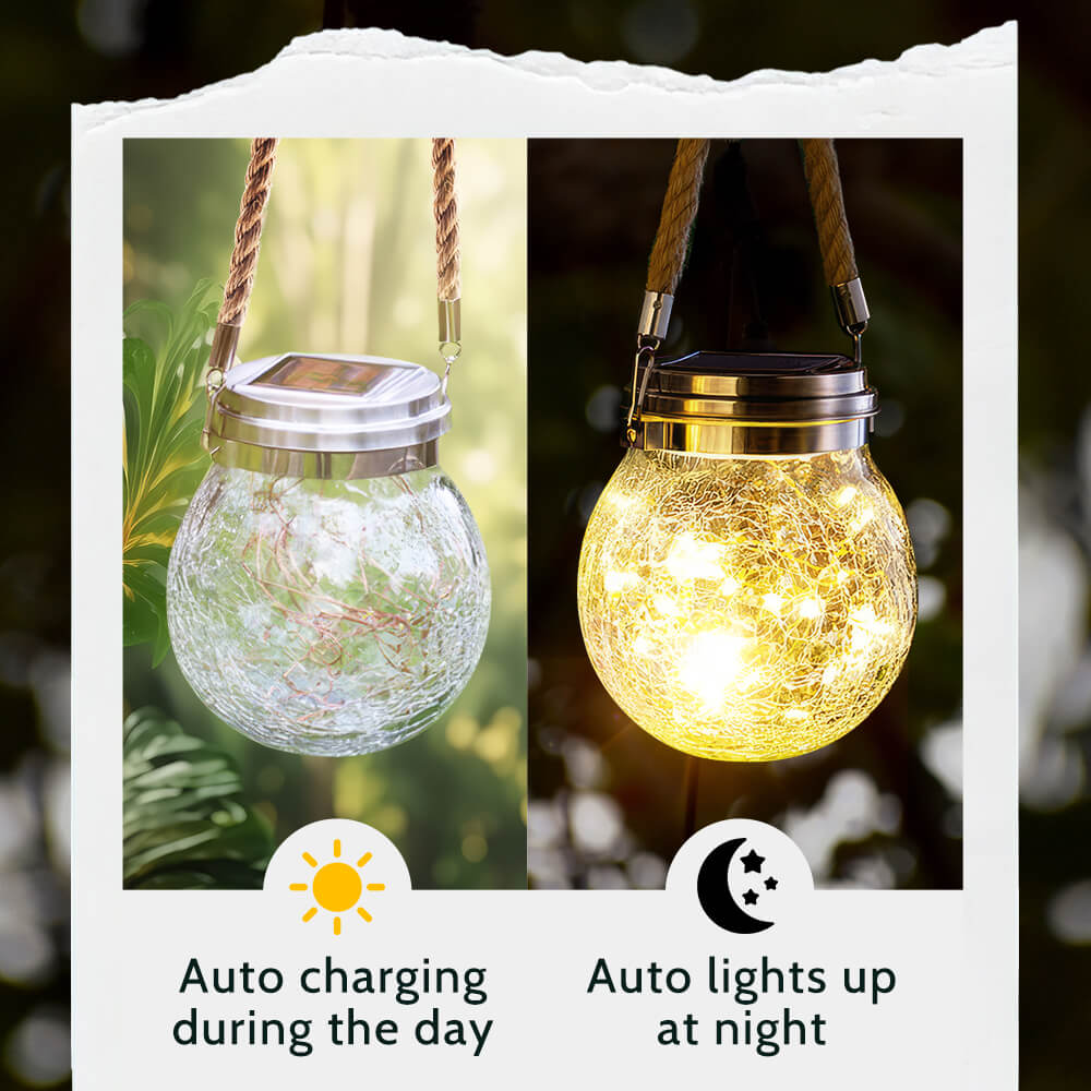 Solar-Powered Hanging Crackled Glass Lantern with 30 LEDs