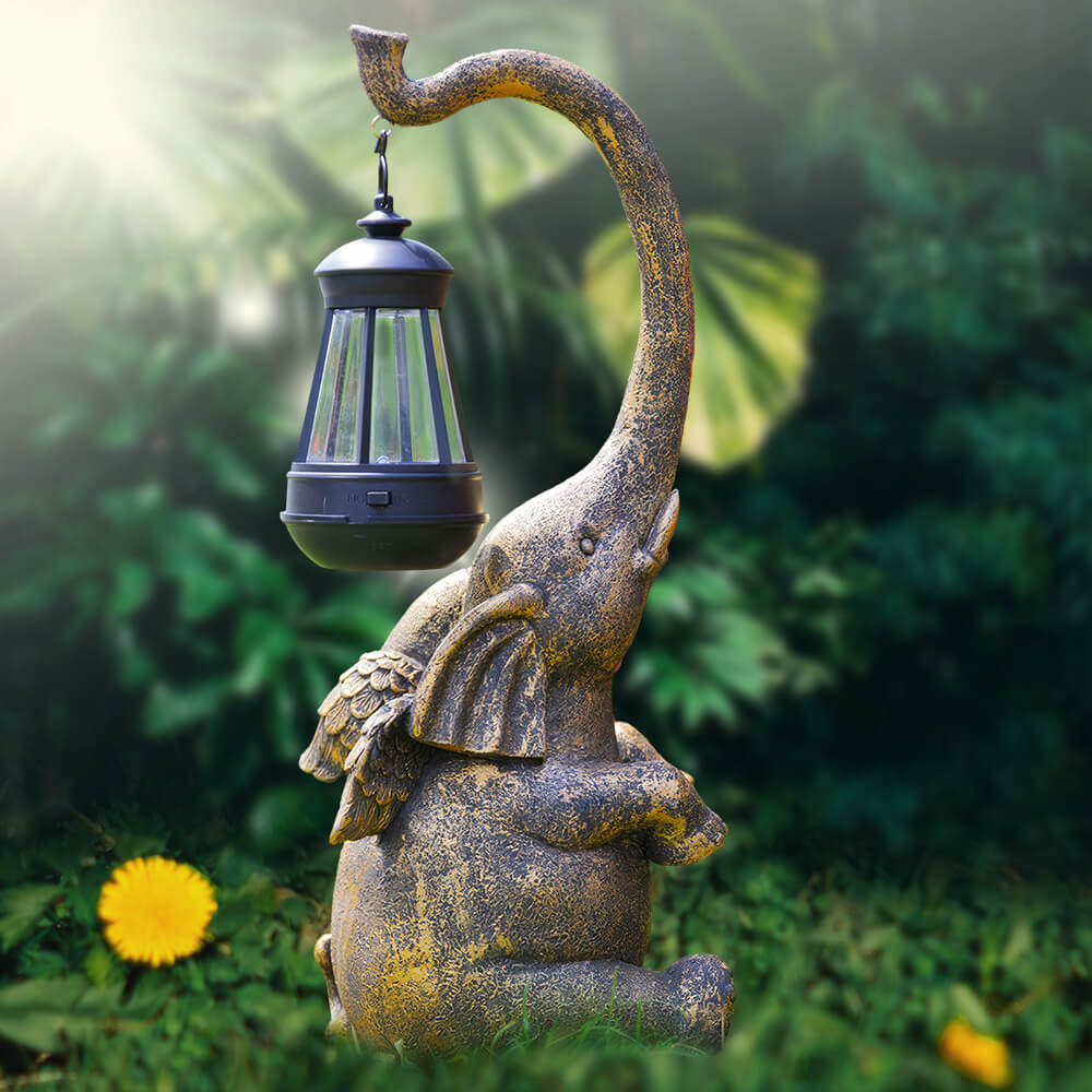 Elephant Statue with Solar-Powered Lantern for Garden Decoration