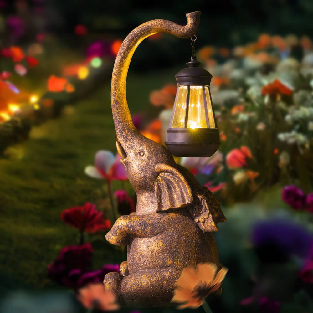 Elephant Statue with Solar-Powered Lantern for Garden Decoration