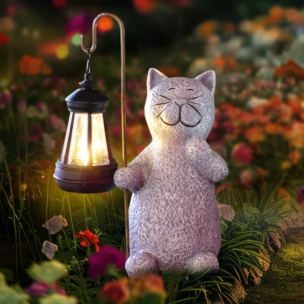 Cat Statue with Solar Lantern for Garden Decoration