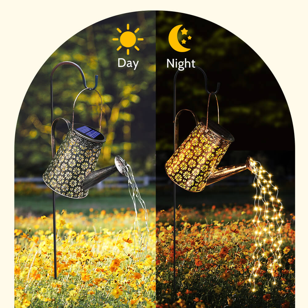 Solar-Powered Watering Can with LED Lights and Shepherd Hook