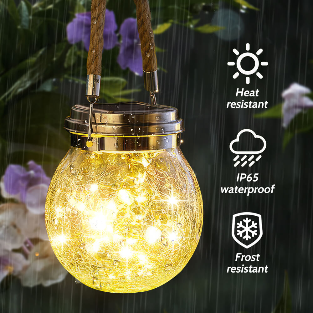Solar-Powered Hanging Crackled Glass Lantern with 30 LEDs