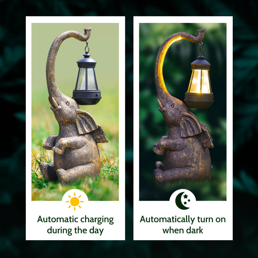 Elephant Statue with Solar-Powered Lantern for Garden Decoration