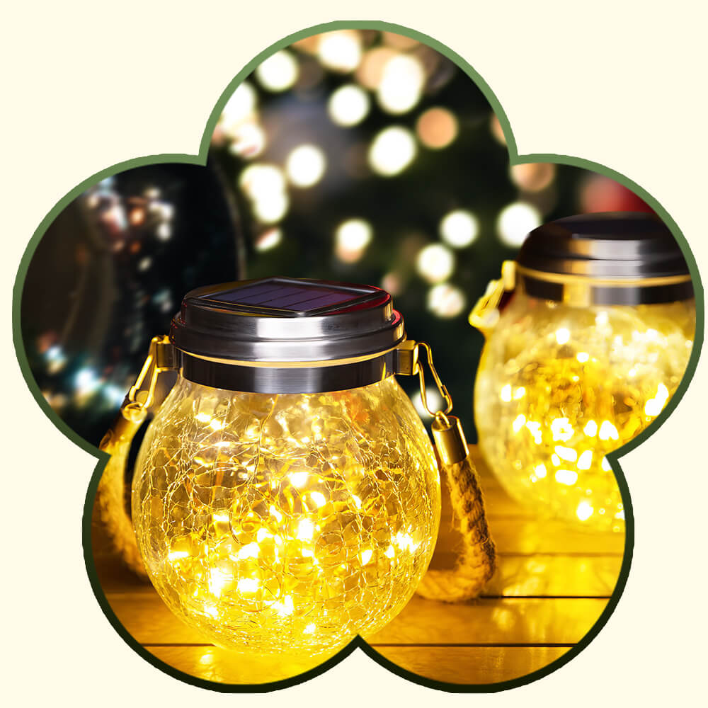 Solar-Powered Hanging Crackled Glass Lantern with 30 LEDs