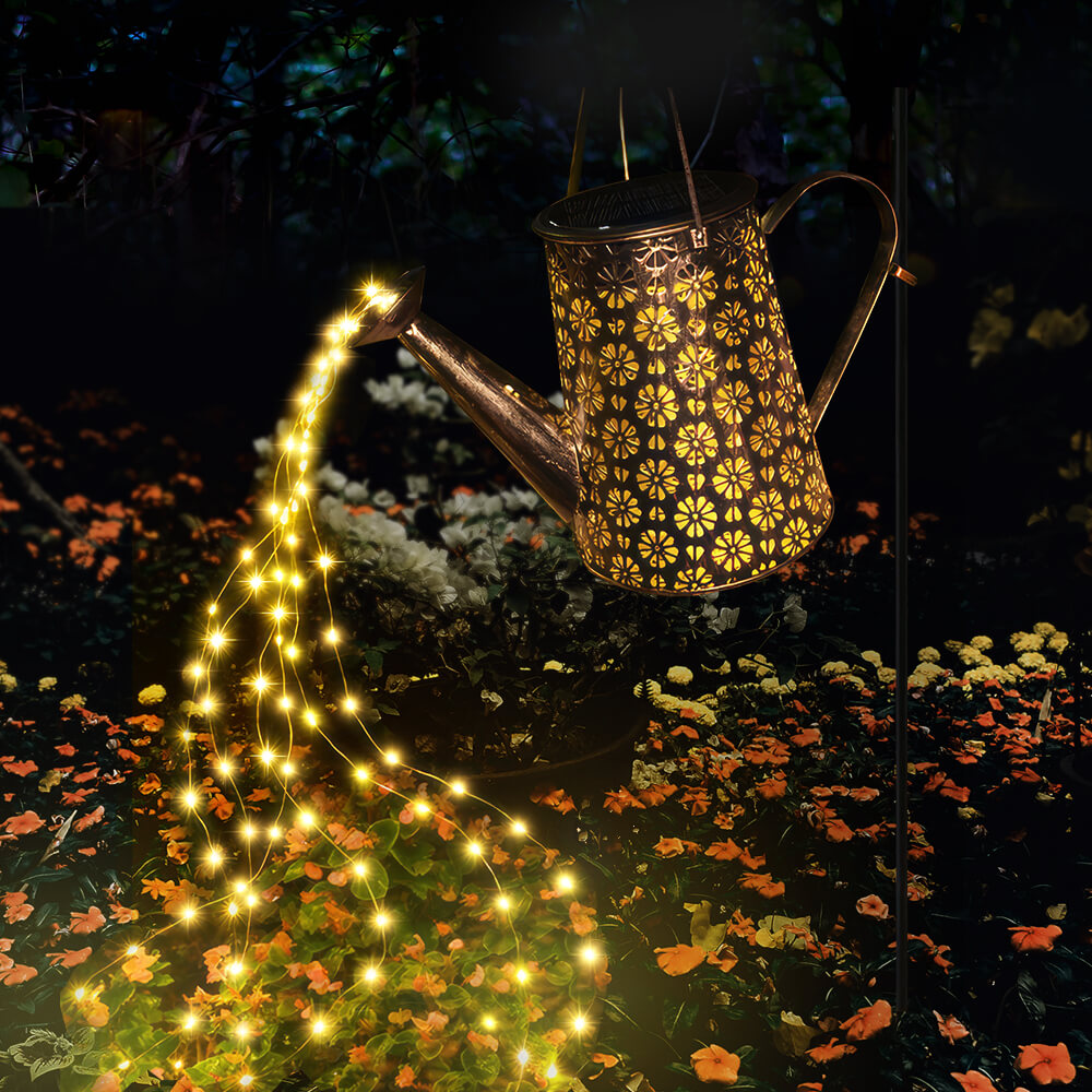 Solar-Powered Watering Can with LED Lights and Shepherd Hook