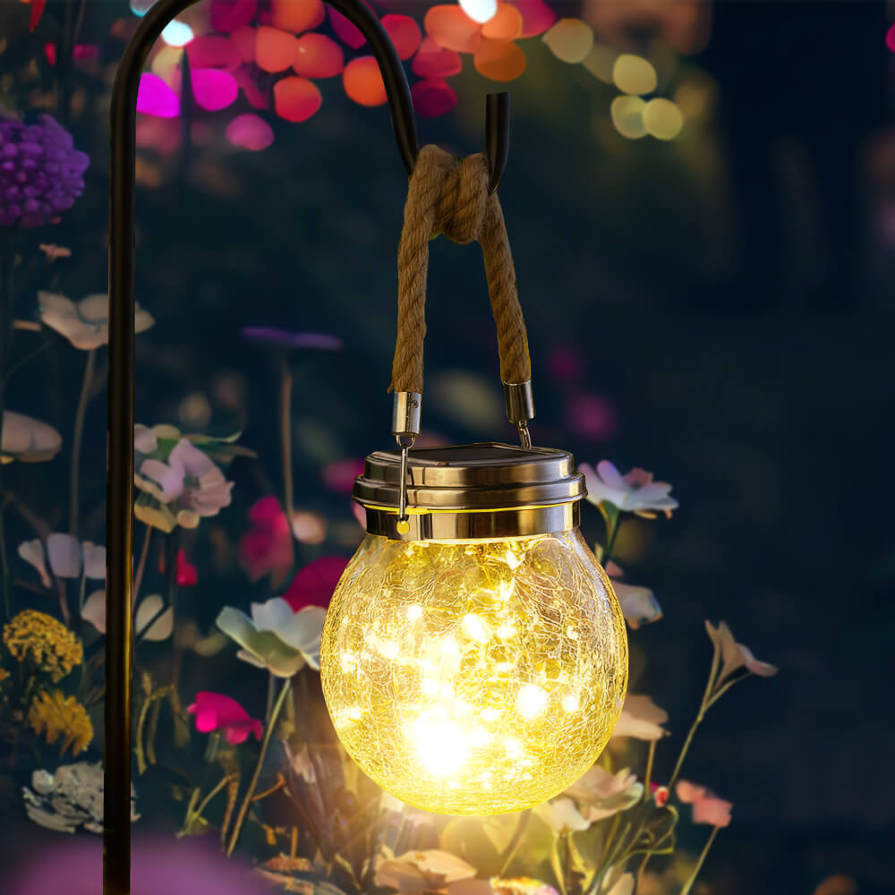 Solar-Powered Hanging Crackled Glass Lantern with 30 LEDs