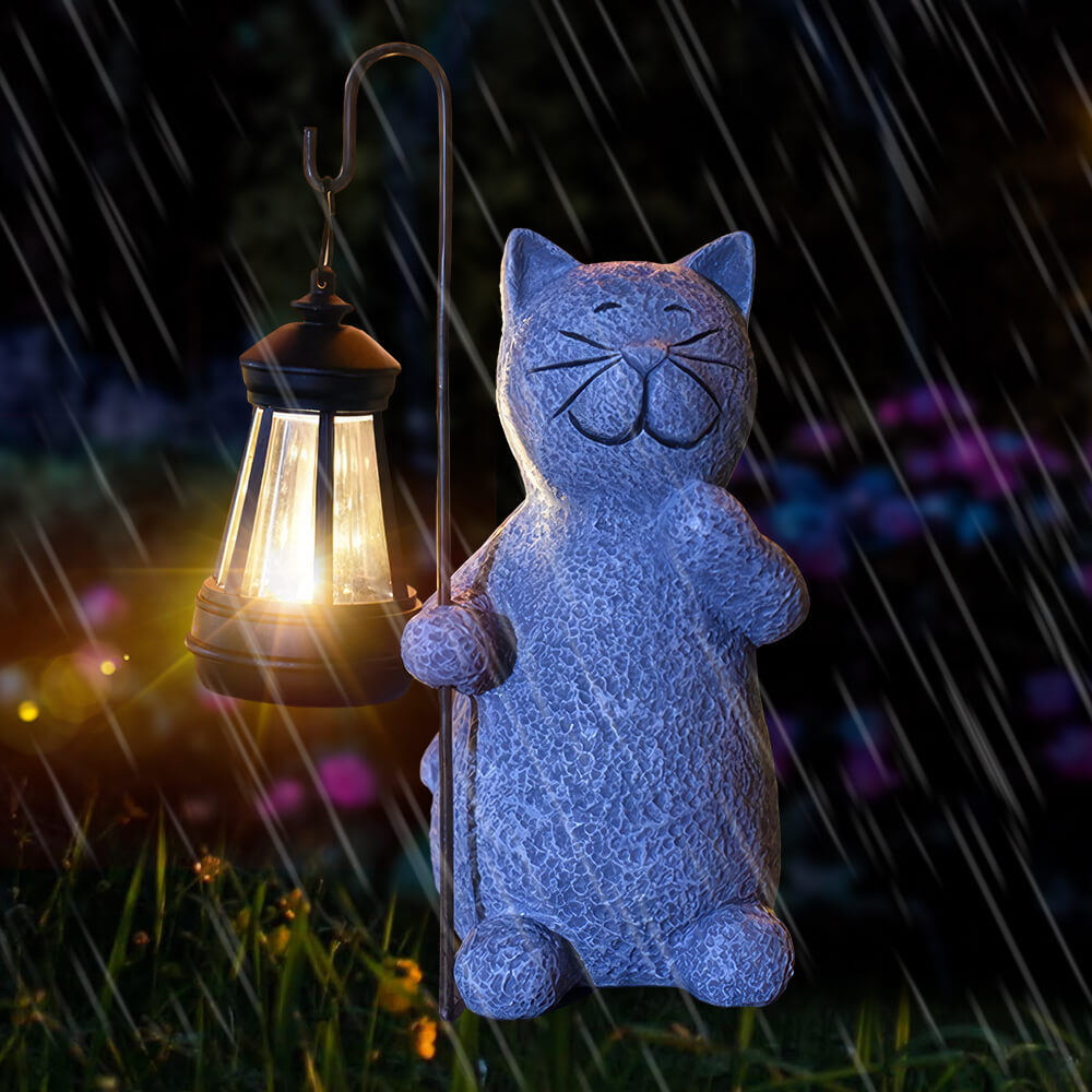 Cat Statue with Solar Lantern for Garden Decoration