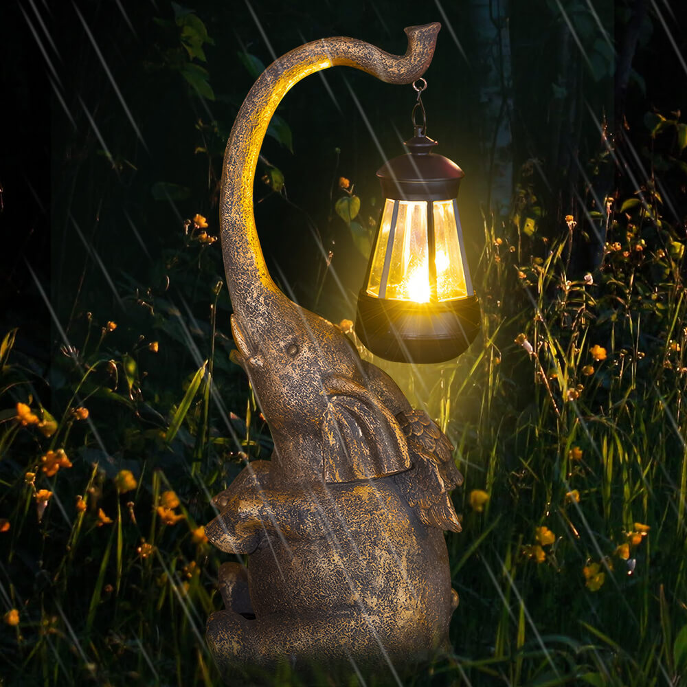 Elephant Statue with Solar-Powered Lantern for Garden Decoration