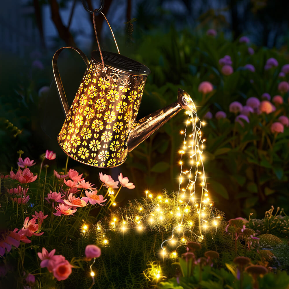 Solar-Powered Watering Can with LED Lights and Shepherd Hook