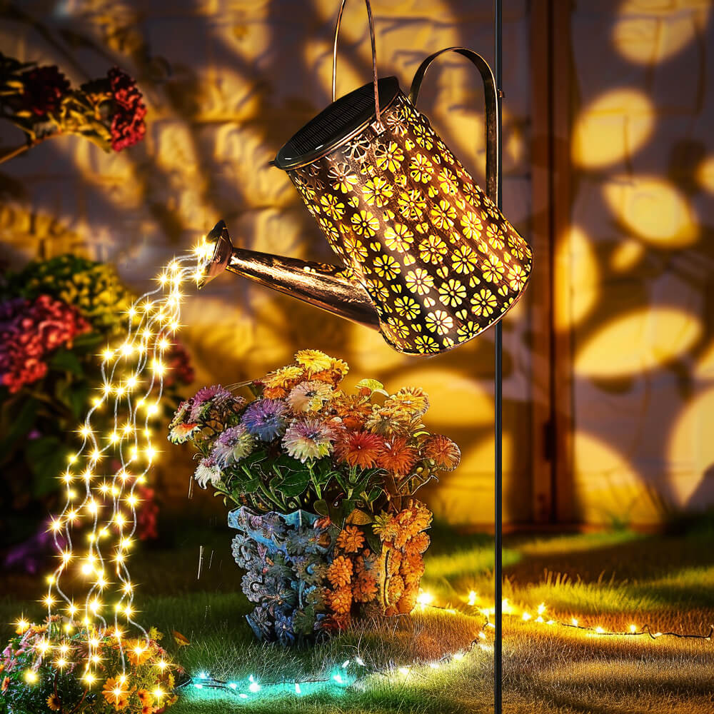 Solar-Powered Watering Can with LED Lights and Shepherd Hook