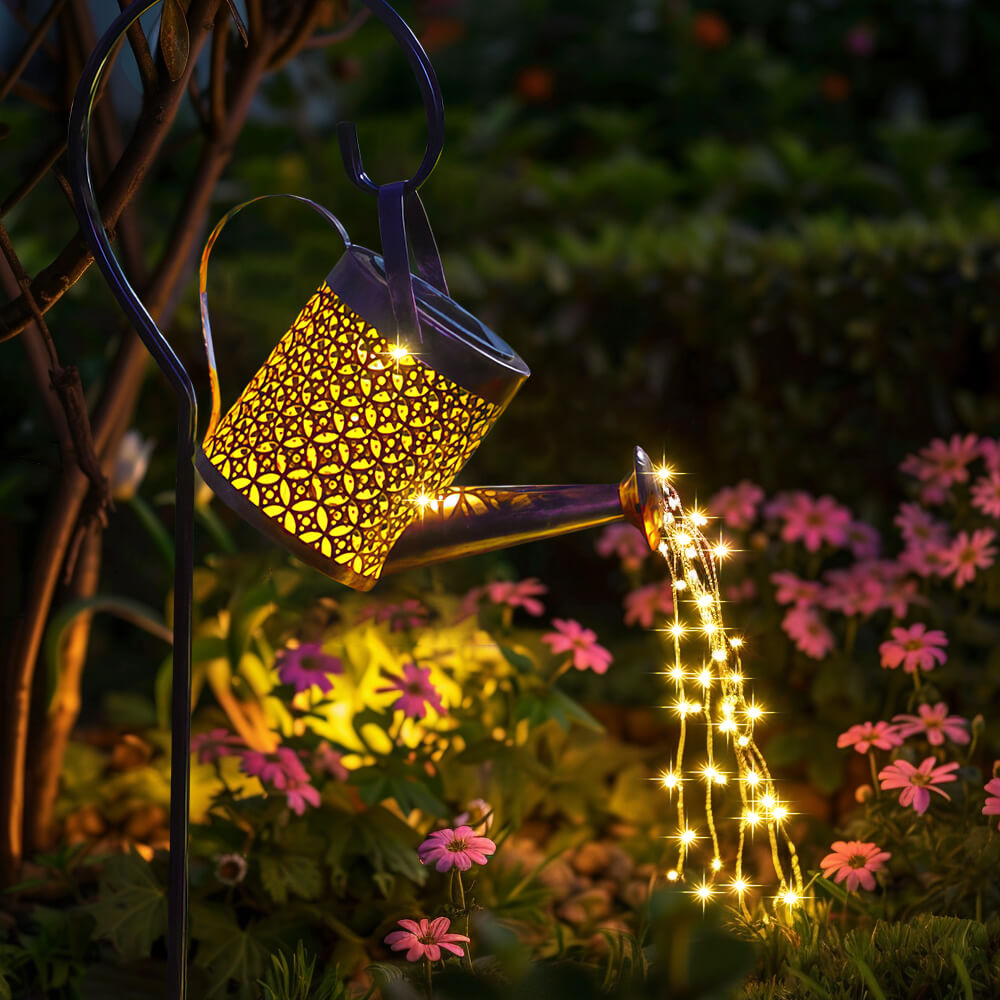 Solar-Powered Watering Can with LED Lights and Shepherd Hook