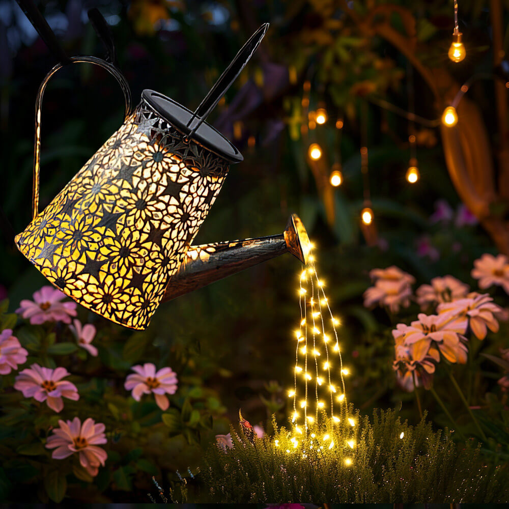 Solar-Powered Watering Can with LED Lights and Shepherd Hook